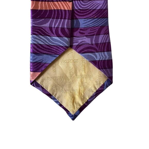 Vintage Versace Silk Tie 90s Medusa Purple Striped Made in Spain - Picture 2 of 5